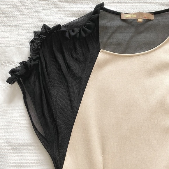 BABYLON COLLECTION CREAM BLACK CINCHED RUFFLE SHEER MESH MIDI FORMAL DRESS - L - Picture 7 of 10